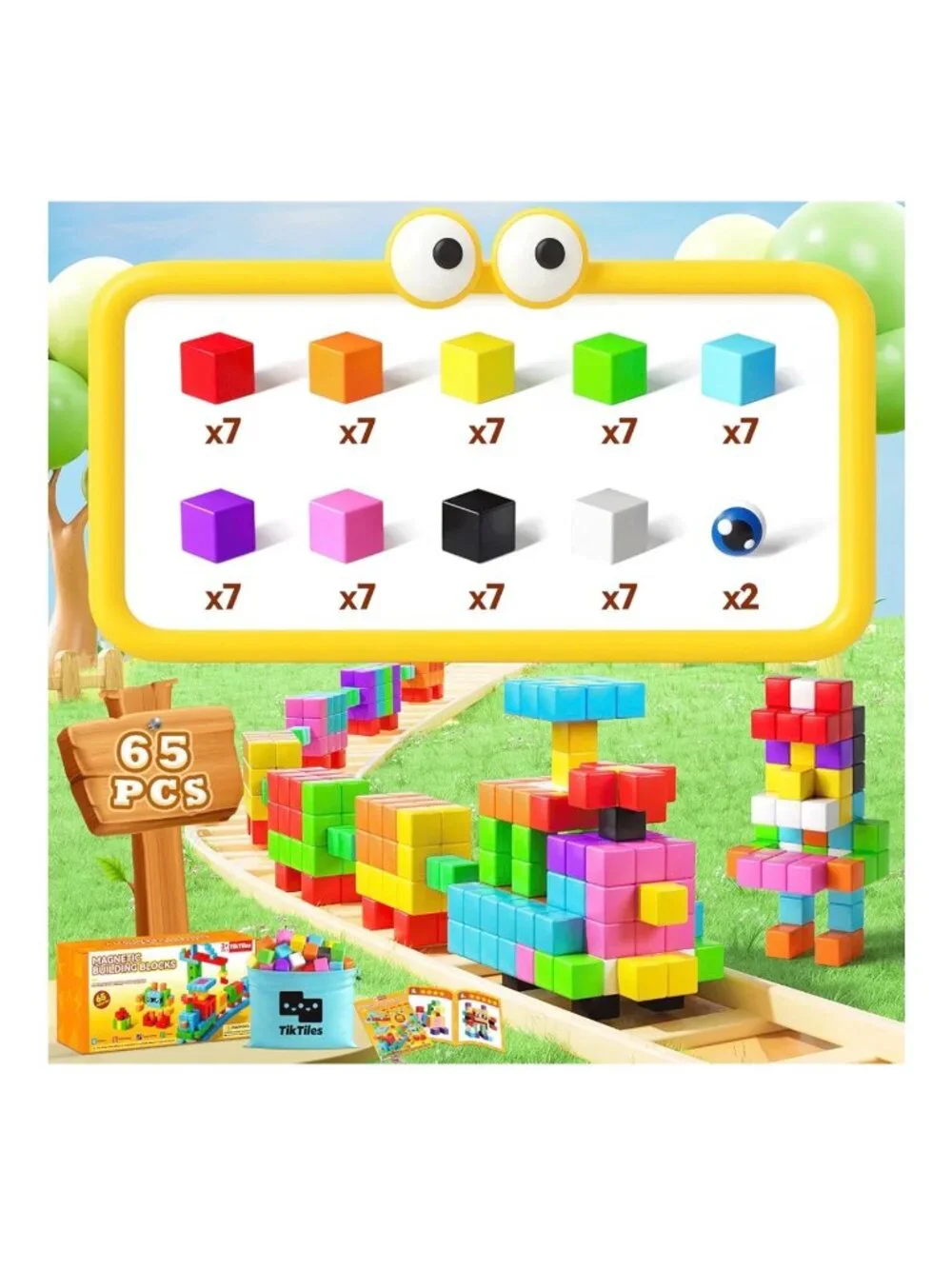 Magnetic Building Blocks 65-Piece Set For Ages 3+ By TikTiles - STEM Toy
